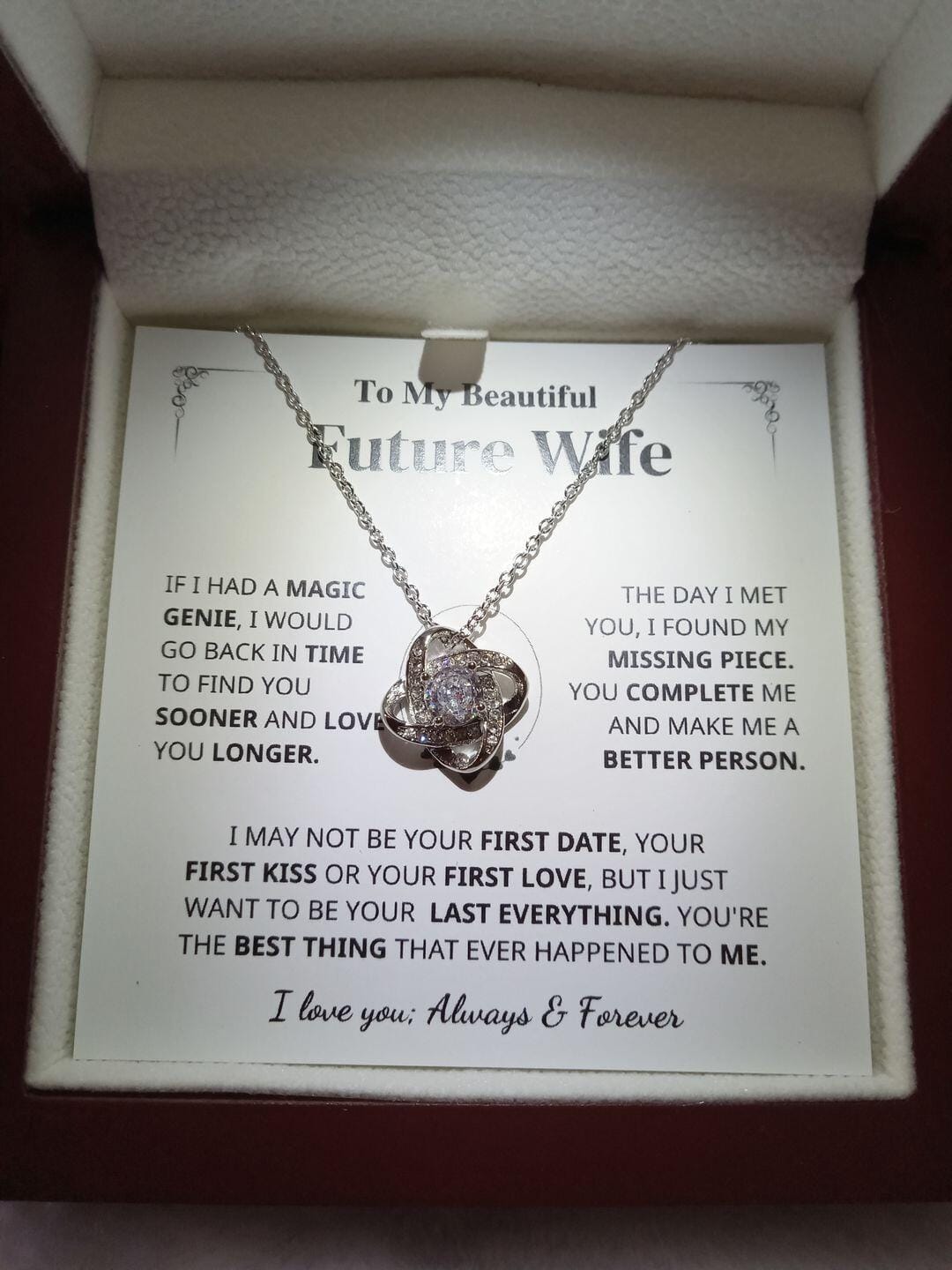 Customer photo review of To My Beautiful Future Wife Gift- My Last Everything- Love Knot Necklace