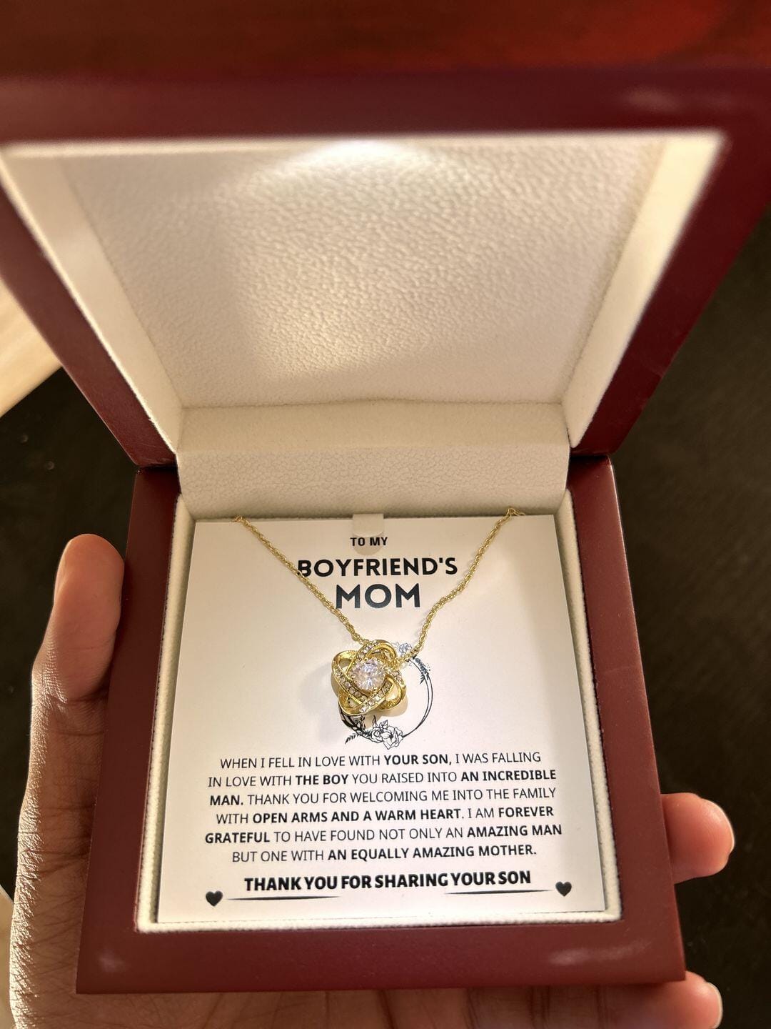 Customer photo review of Boyfriend's Mom Gift-Forever Grateful- Love Knot Necklace