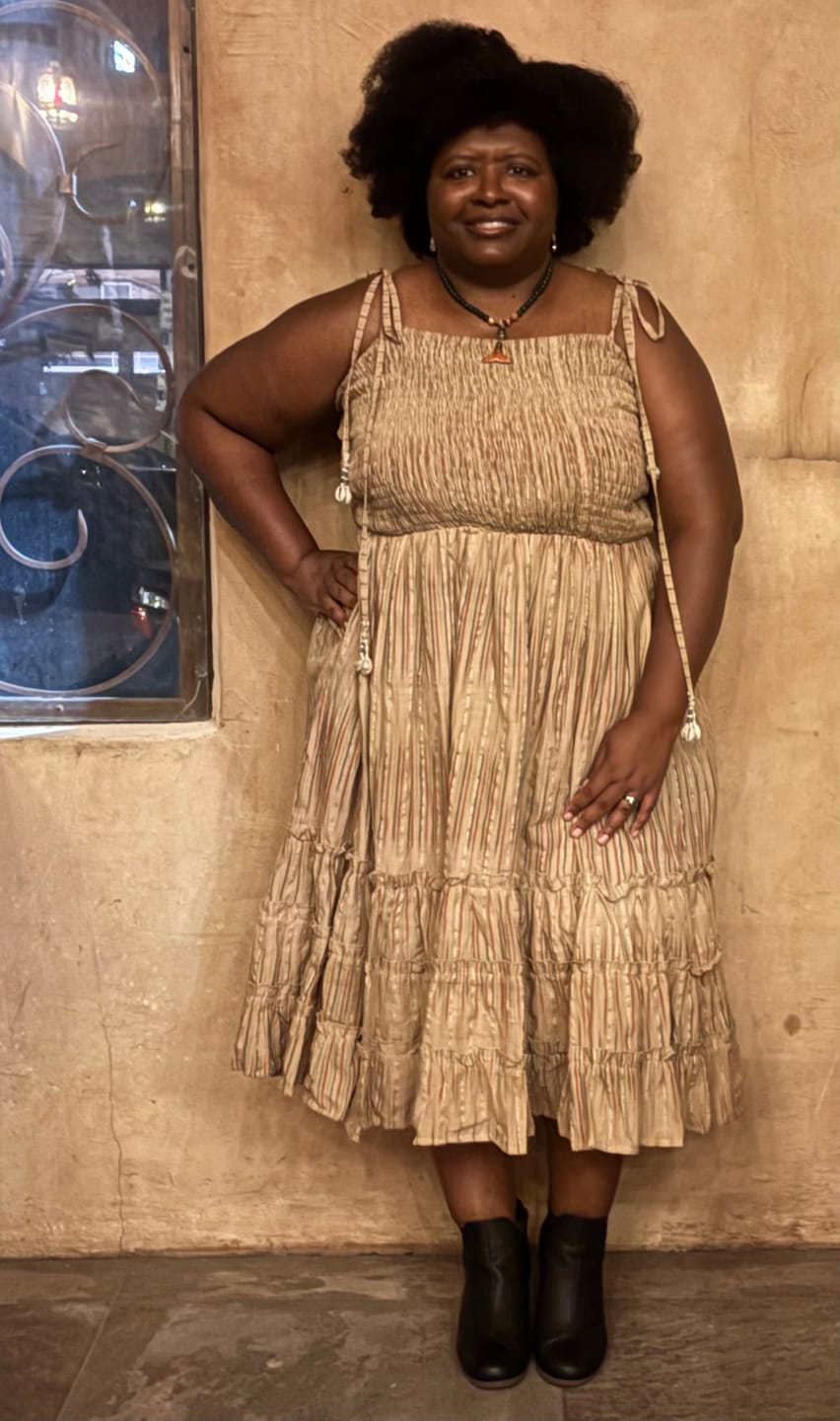 Customer photo review of Beige Striped Handwoven Cotton Midi Sundress Dress