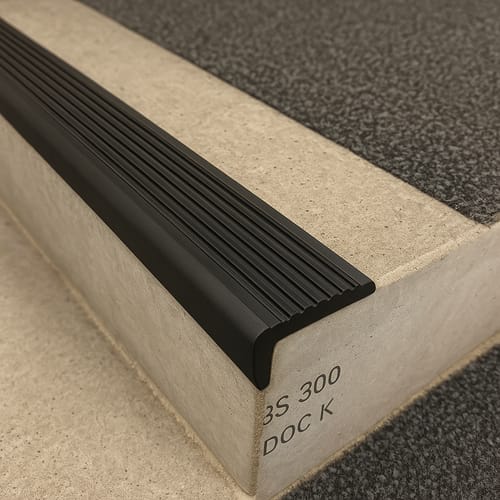 Customer photo review of Rubber Stair Nosing Edge Trim – Heavy-Duty Anti-Slip Flexible Rubber Step Protector 50×45 mm | Commercial Stair Edging | BS 8300 & Doc K Compliant | Tested to BS 7976 | UK Trade Supplier