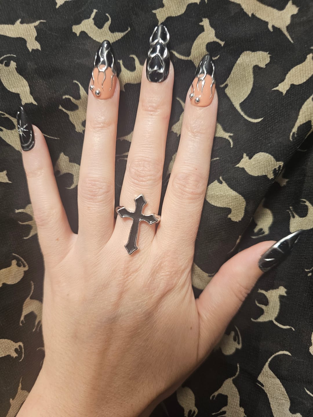 Customer photo review of Black Press On Nails, Gothic Punk Rock Nails, Goth Silver Mirror Effect With Nude French DarkNailz