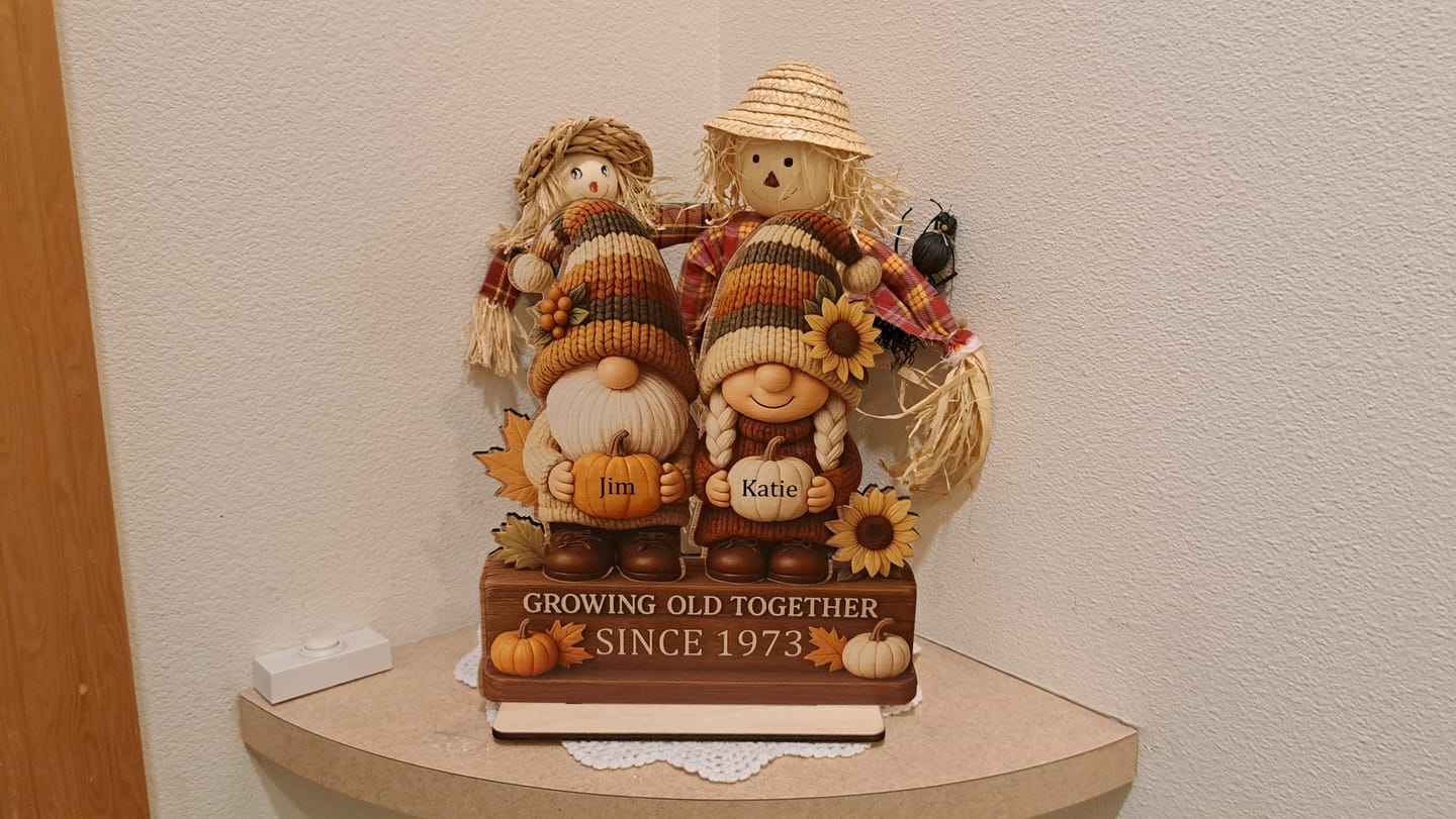 Customer photo review of Personalized "Growing Old Together" Gnome Plaque With Couple Names & Sunflowers Pumpkins Autumn's Warm Charm For Couple Gift For Grandparent