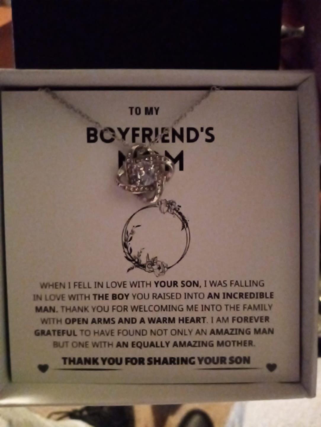 Customer photo review of Boyfriend's Mom Gift-Forever Grateful- Love Knot Necklace