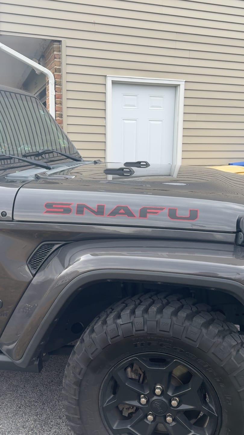 Customer photo review of Premium Black Flag Hood Lettering | Set of 2