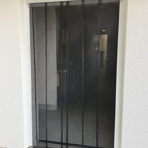 Customer photo review of Fly Mesh Insect Strip Curtains – Easy-Fit Hook-On Kit with Stainless Steel Rails, Hygienic Black Mesh Strips for Pedestrian Doorways, 1mm Hole Size