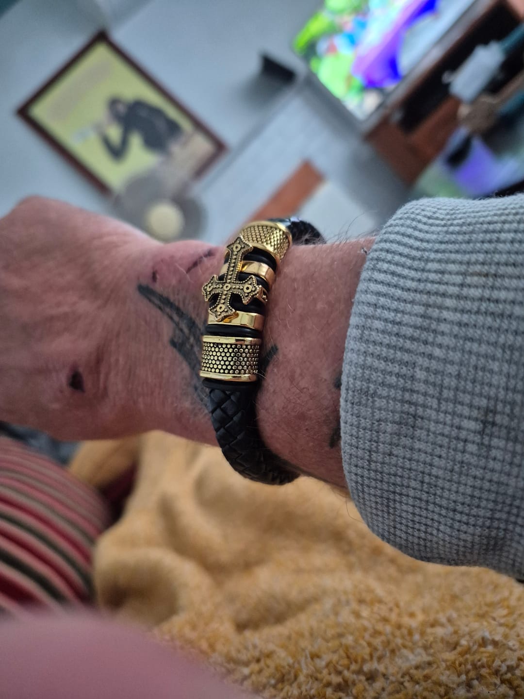 Customer photo review of FREE Today: Classic Two-Tone Holy Cross Leather Bracelet with Braided Design