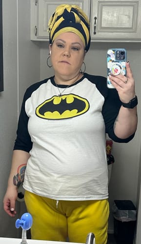 Customer photo review of Classic Batman Logo DC Comics Raglan Baseball Shirt