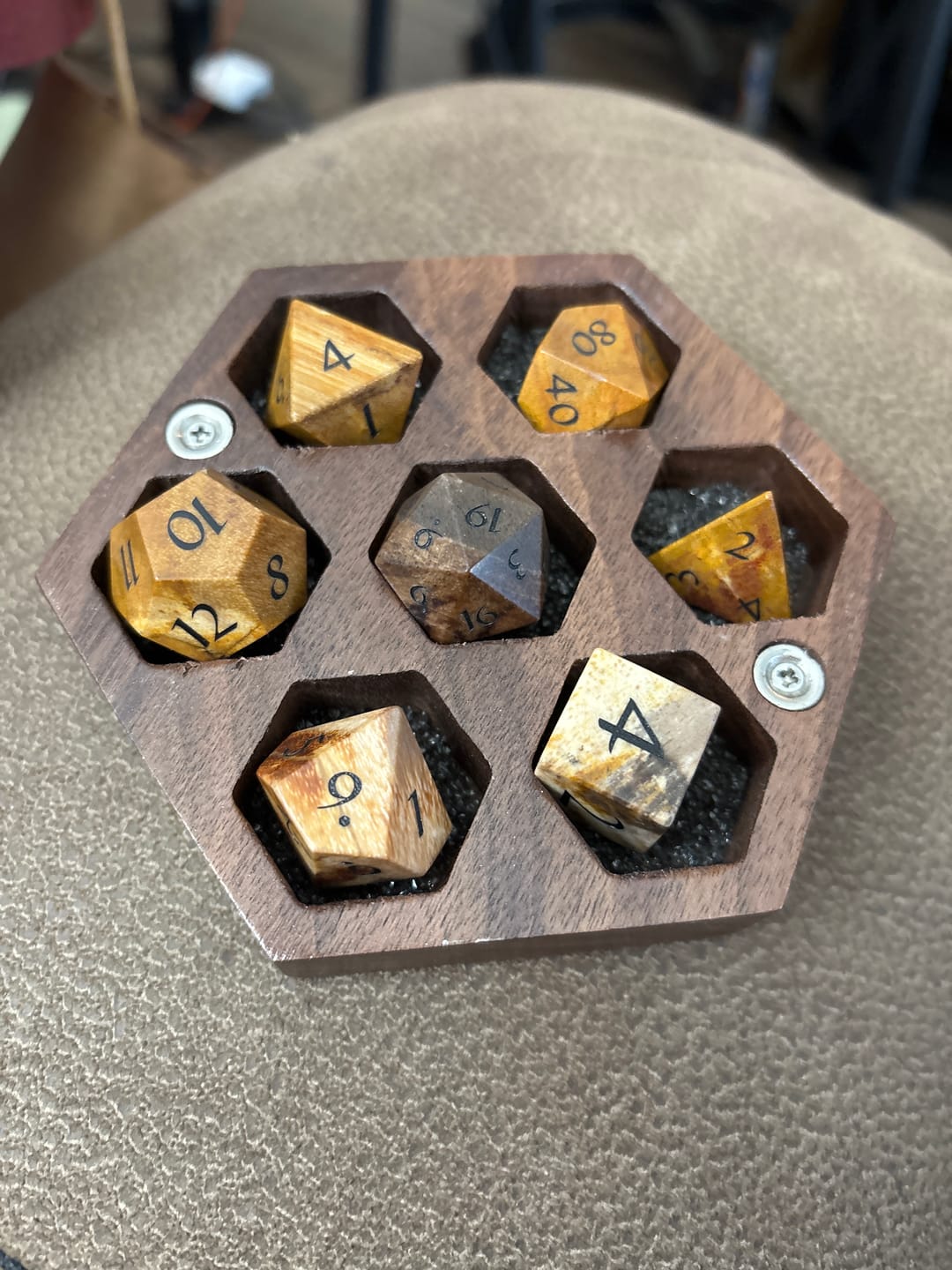 Customer photo review of URWizards D&D Petrified Wood Gemstone Engraved Dice Set(Limited edition)