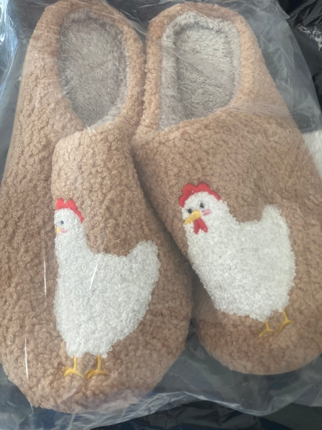 Customer photo review of Brown Fuzzy Chicken Slippers - Adult