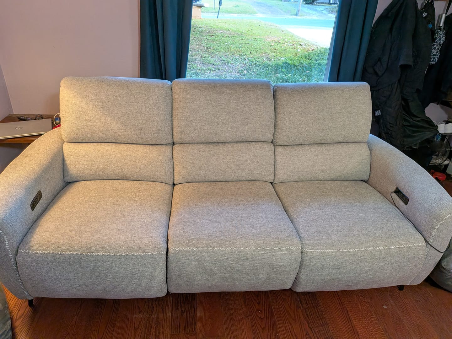 Customer photo review of AeroStretch 3 Seater Power Zero Wall Hugger Reclining Sofa with Drop Down Table Tray
