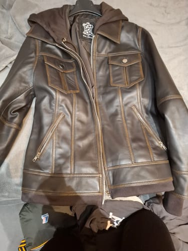 Customer photo review of Tralee Women Dark Brown Bomber Leather Jacket With Removable Hood