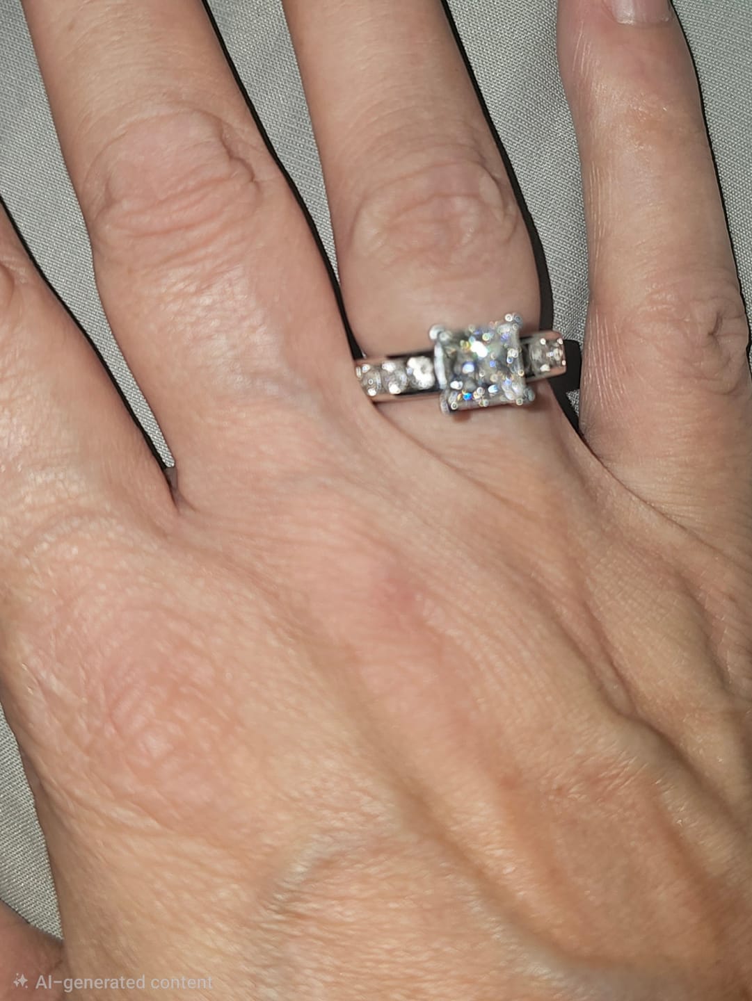 Customer photo review of Princess Cut Moissanite With Round Channel Set Engagement Ring