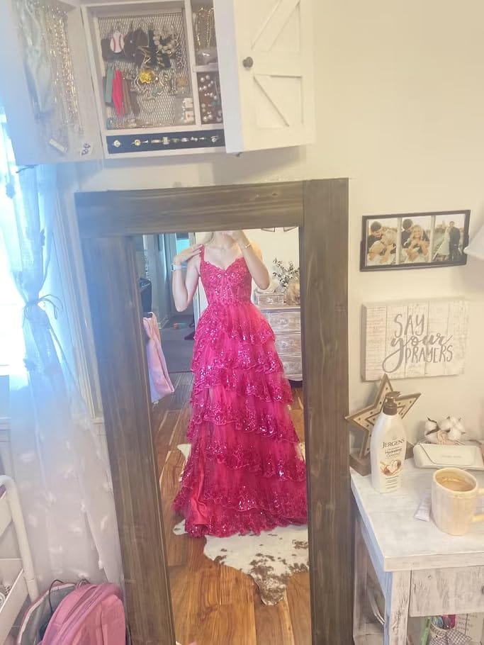 Customer photo review of Off the Shoulder Lavender Ruffles Sequin Long Dress