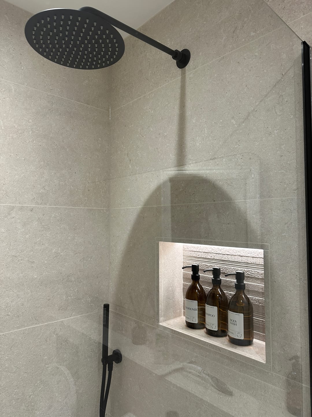 Customer photo review of Set of 3 Bathroom Reusable Amber Glass Bottles 500 ML with Metal Pump