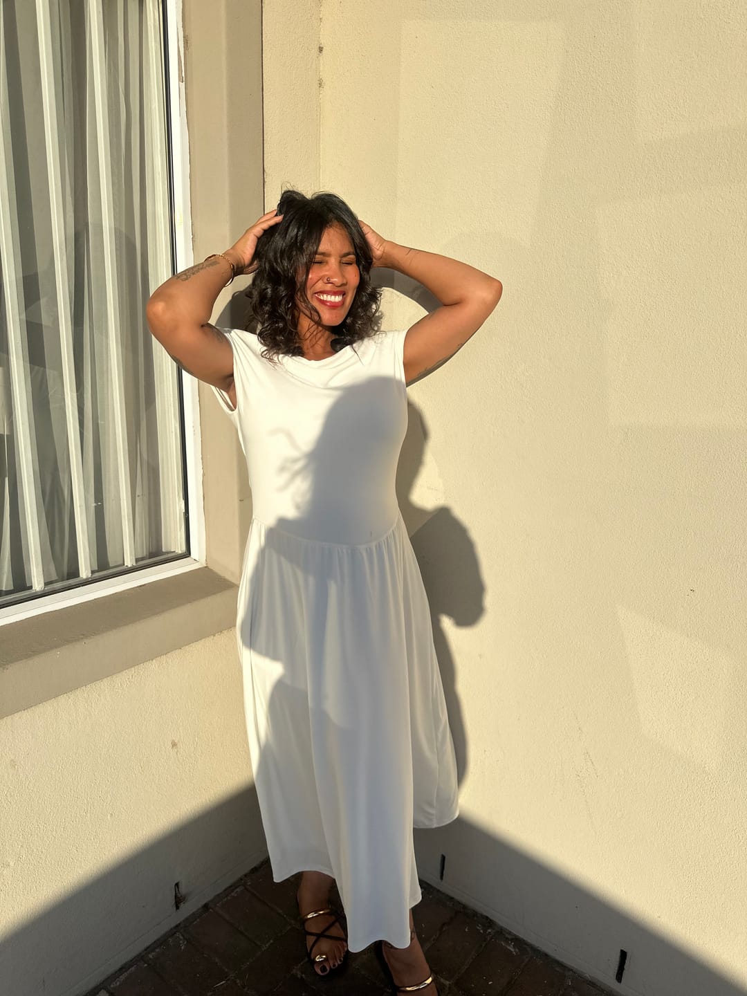 Customer photo review of Cream Cowl Neck Drop Waist Midi Dress