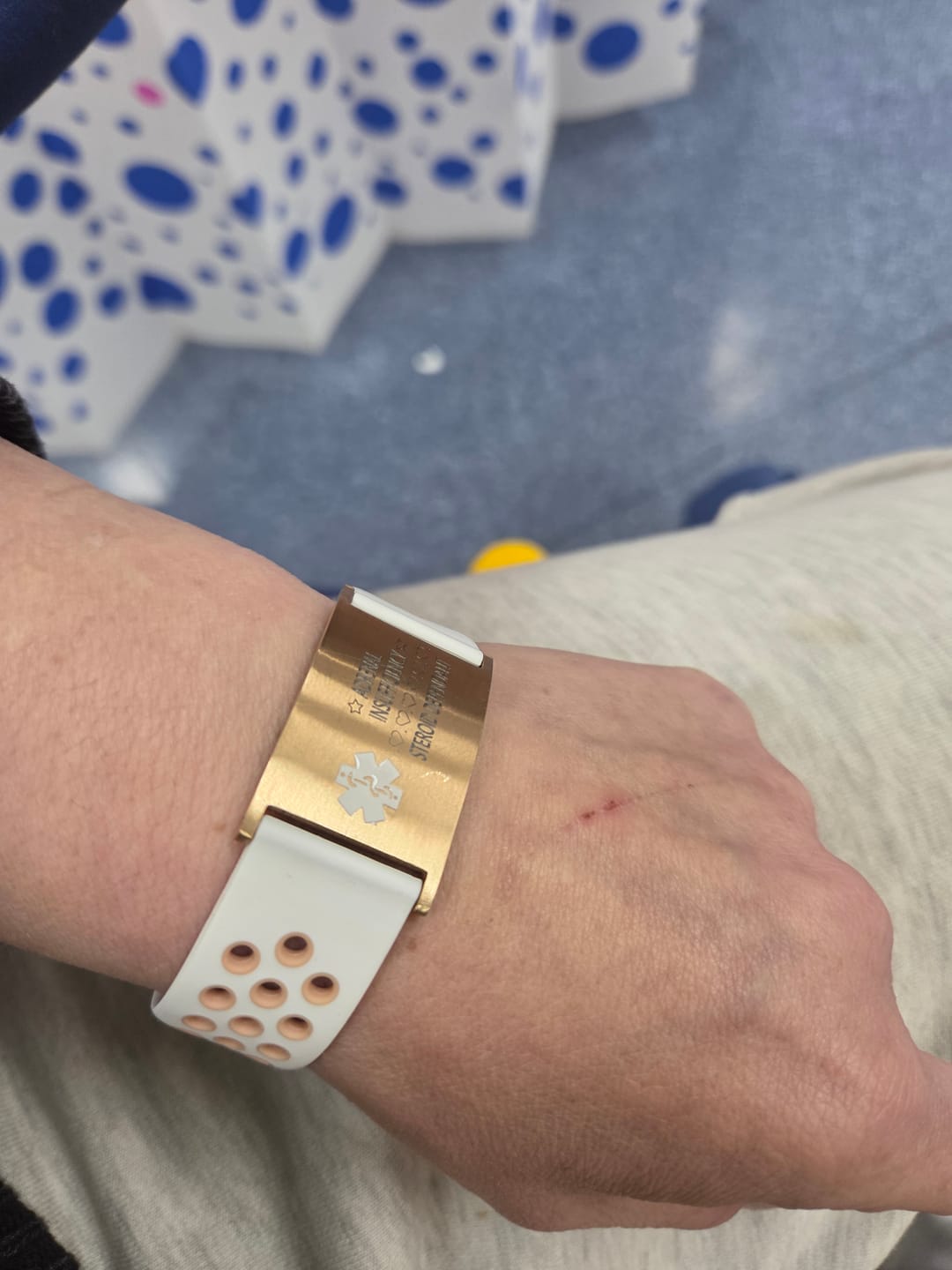 Customer photo review of Ultra Silicone Medical ID Bracelet in White & Peach