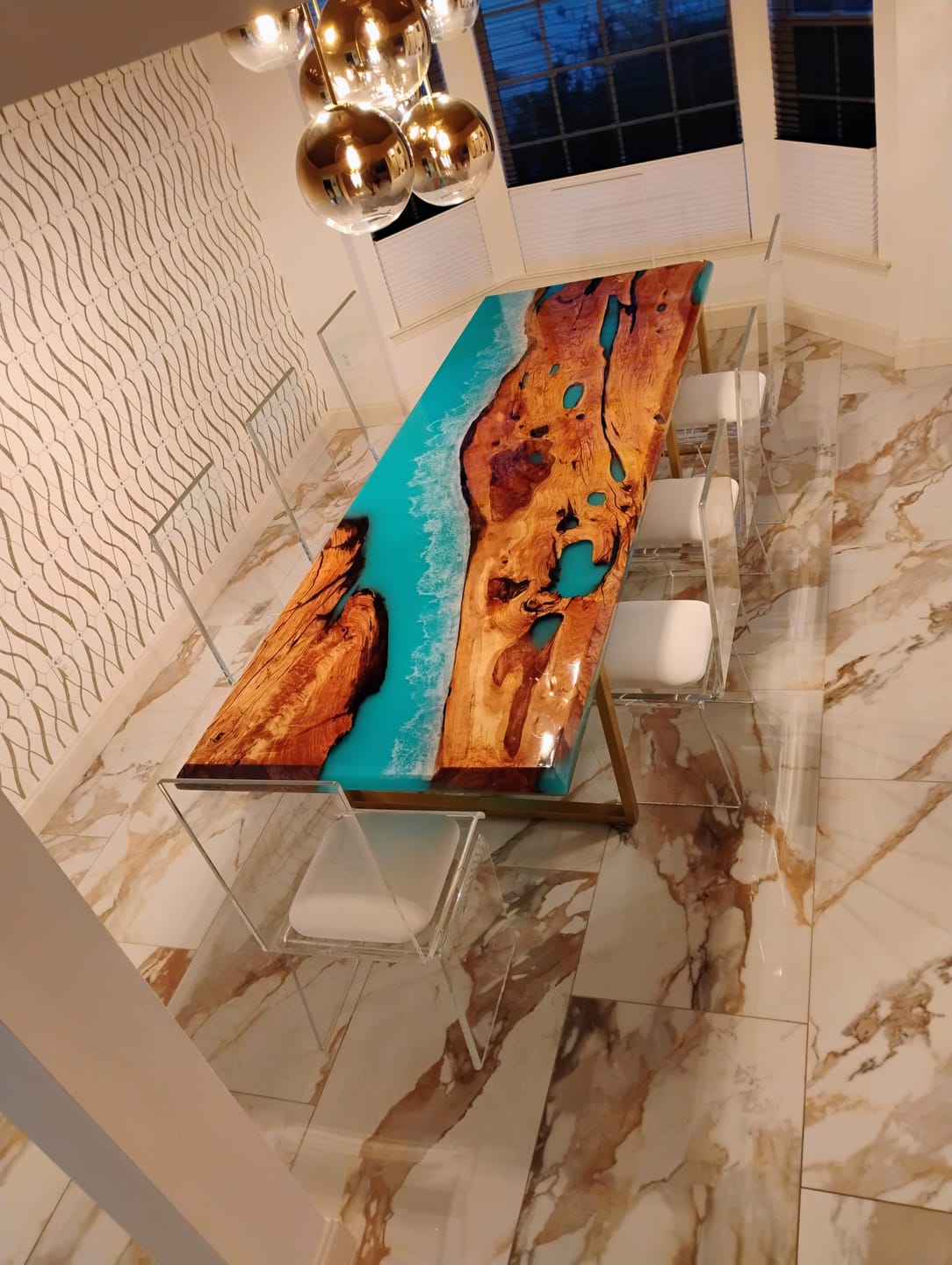Customer photo review of Custom Golden Camphor Kitchen Epoxy Resin River Table CRT-082