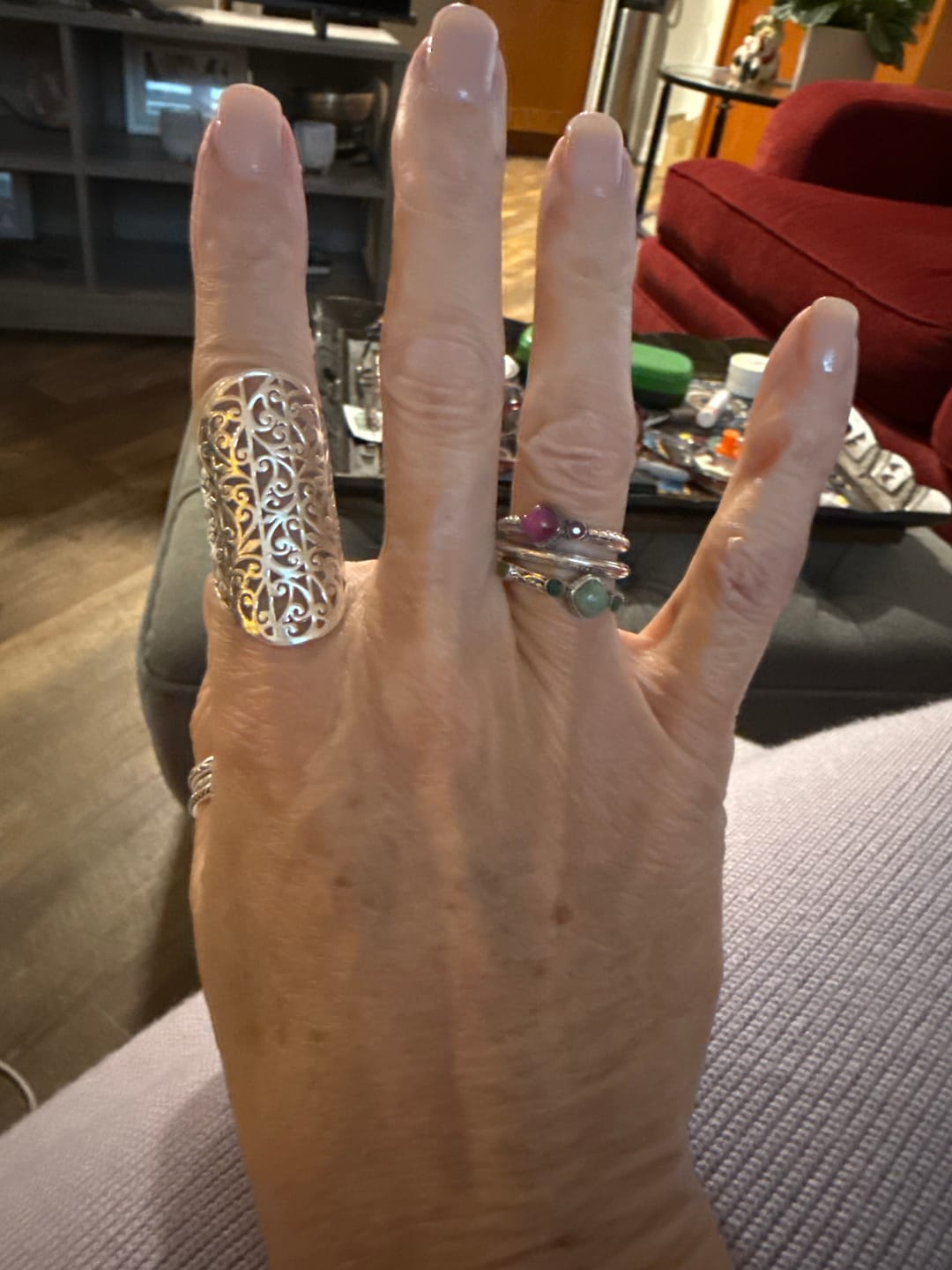Customer photo review of Ruby and Emerald Stackable Ring Set