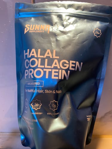 Customer's blue pouch of Sunna Supplements Halal Collagen Protein powder, unflavored.