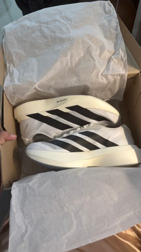 Reviewer showing the white and black Adizero EVO SL Running Shoes nested in the open shoebox.
