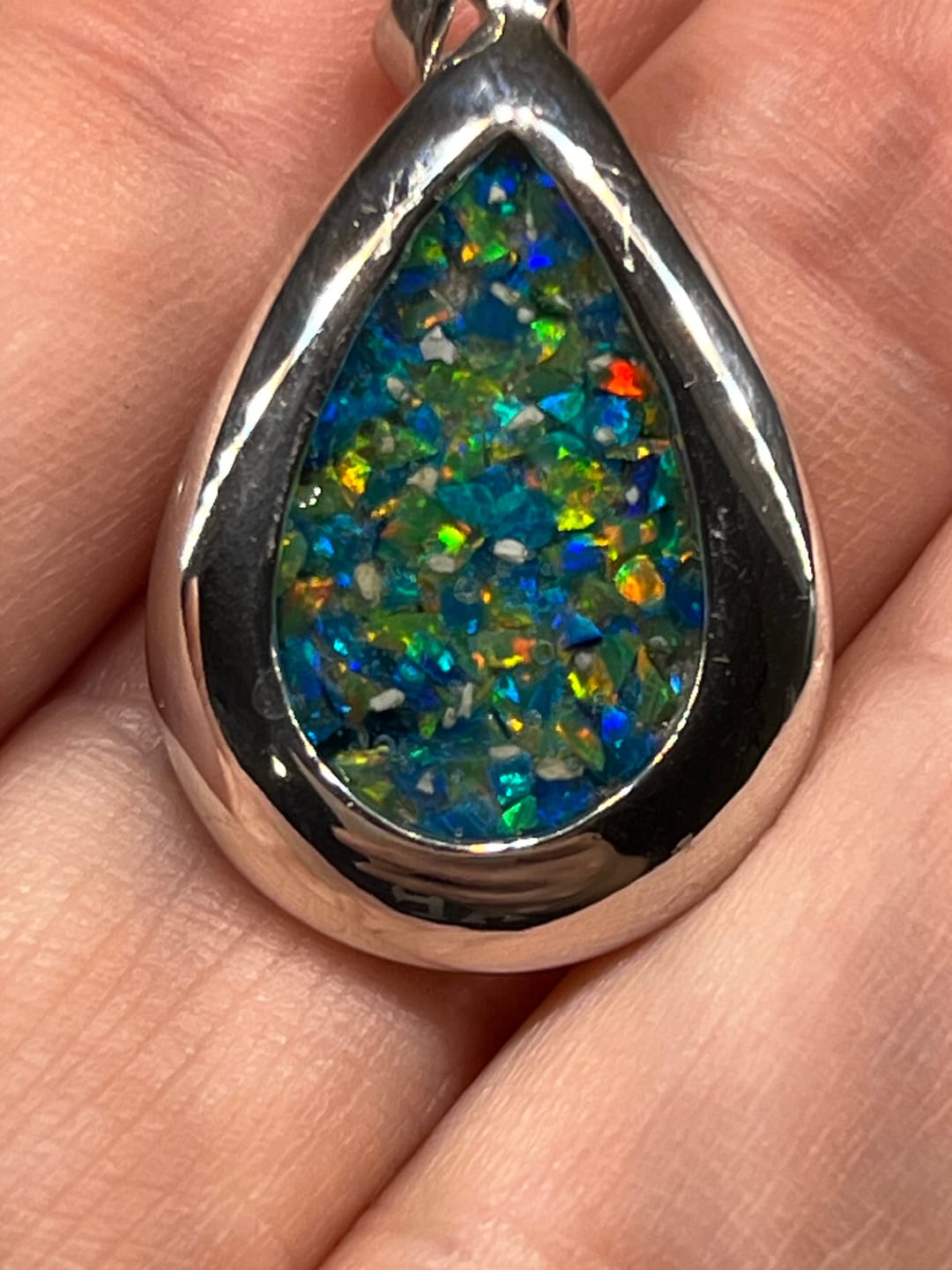 Customer photo review of Pear Drop Opal Cremation Pendant - Engravable