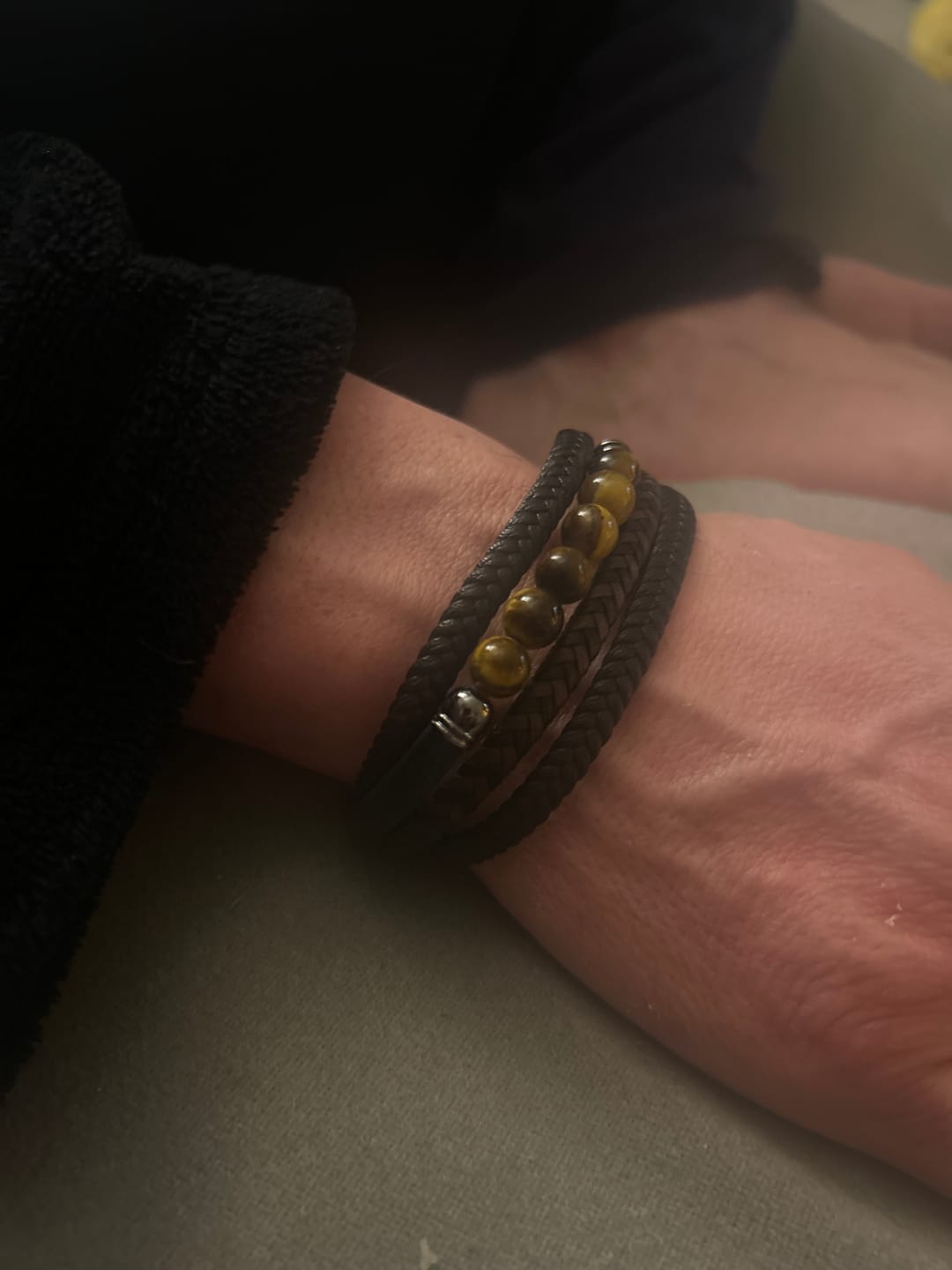 Customer photo review of Buddha Stones Tiger Eye Lava Rock Black Onyx Lazurite Hematite Bead Positive Leather Bracelet