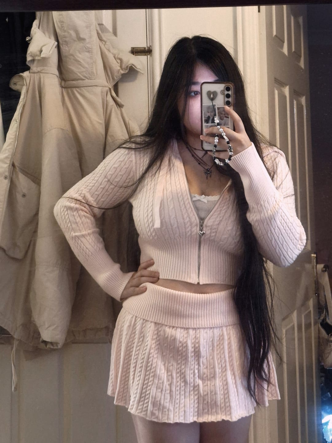 Customer photo review of Strawberry Milk Cable Knit Fold Over Mid-Rise Skirt (Pink)