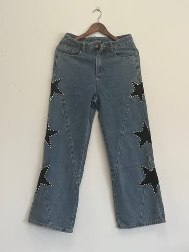 Customer photo review of Jessy Denim Mid Rise Side Star Pattern Pocket Wide Leg Jeans (Shipped Within 24 Hours)