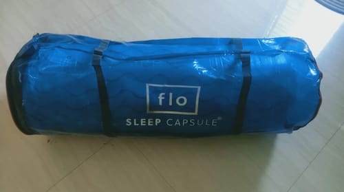Customer's Flo Mattress Ergo packed inside its blue 'Sleep Capsule' carrying bag upon arrival.