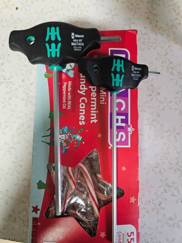 Customer's two Wera 454 HF T-handle hexagon screwdrivers with black and green handles.