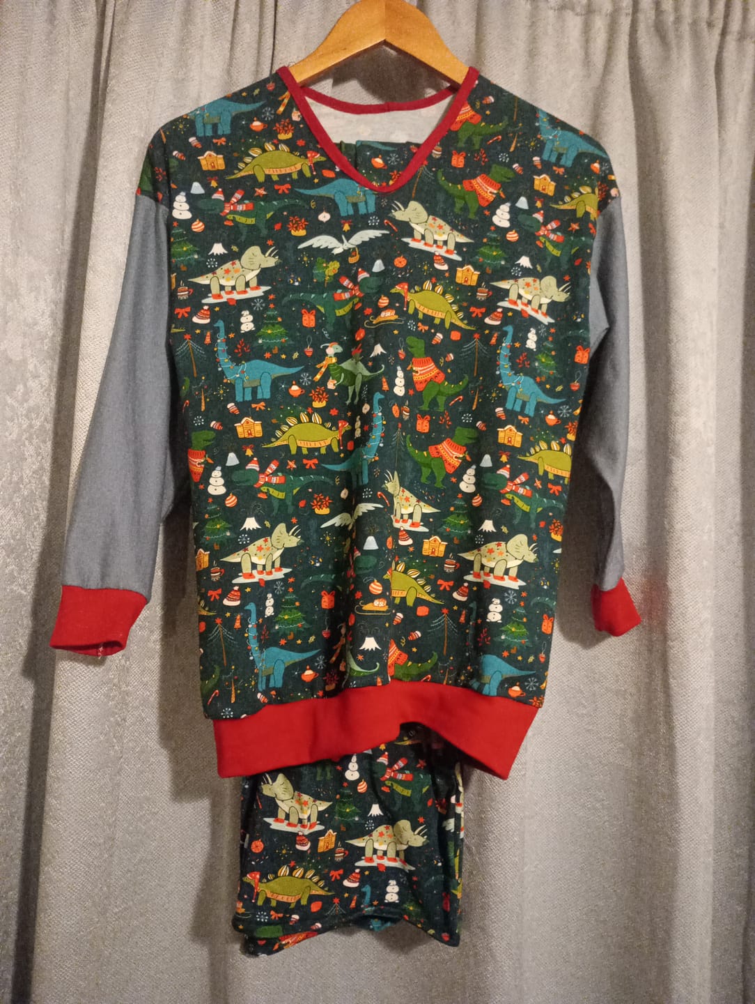 Customer photo review of Christmas Dinosaurs on Dark Teal French Terry Fabric
