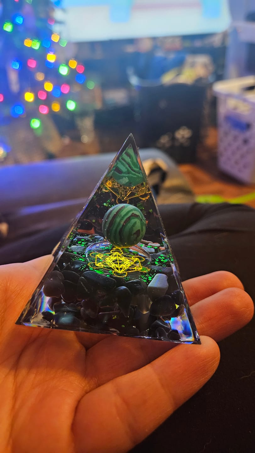 Customer photo review of Triple Serenity Malachite & Obsidian Orgone Pyramid
