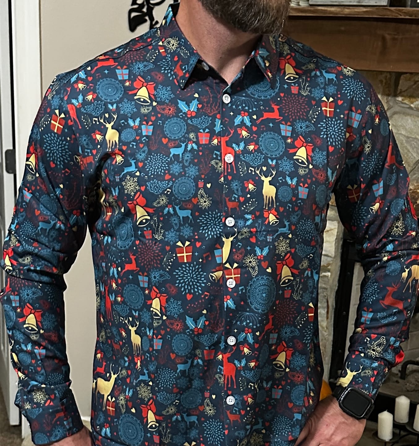 Customer photo review of Men's Vintage Christmas reindeer Printed Holiday Long Sleeve Shirt