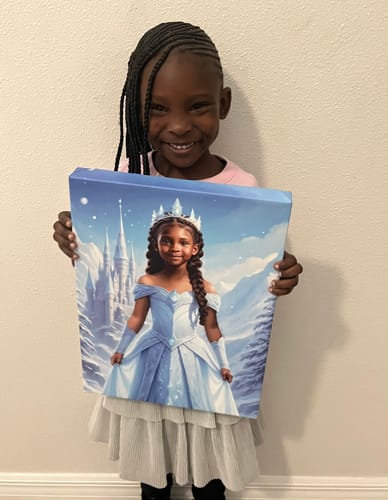 A smiling customer holds her personalized 'The Ice Princess' canvas portrait.