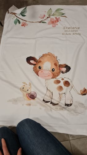 Customer photo review of Soft Peach Babydecke mit Namen bestickt Kuh Schnecke 75x100cm