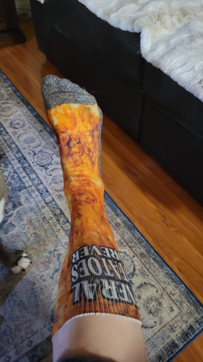 Customer photo review of The Funeral Potatoes - Fun Food-themed Everyday Crew Socks