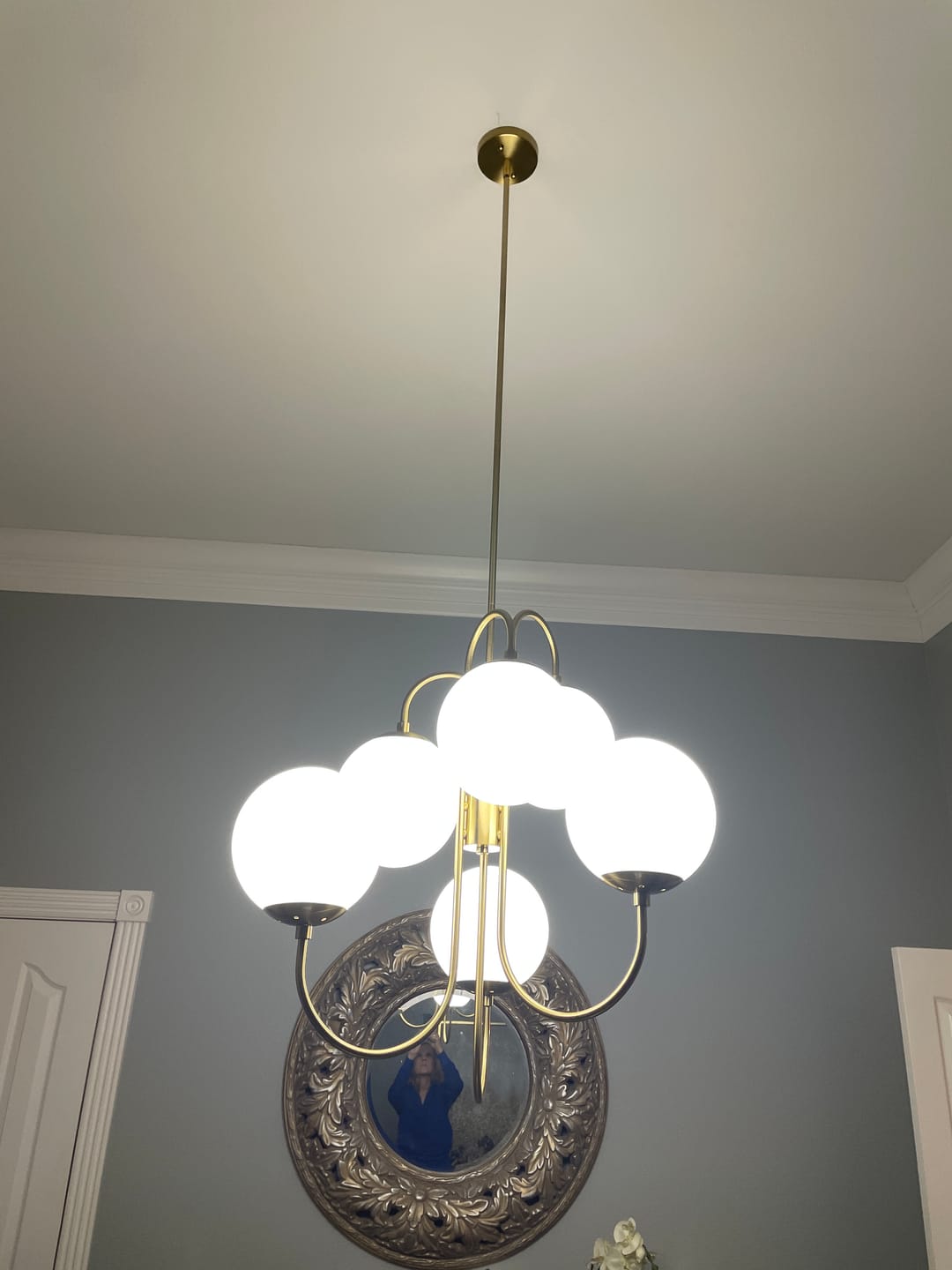 Customer photo review of Mid-Century 6-Light Goose Arm Opal Glass Globe Tiered Chandelier