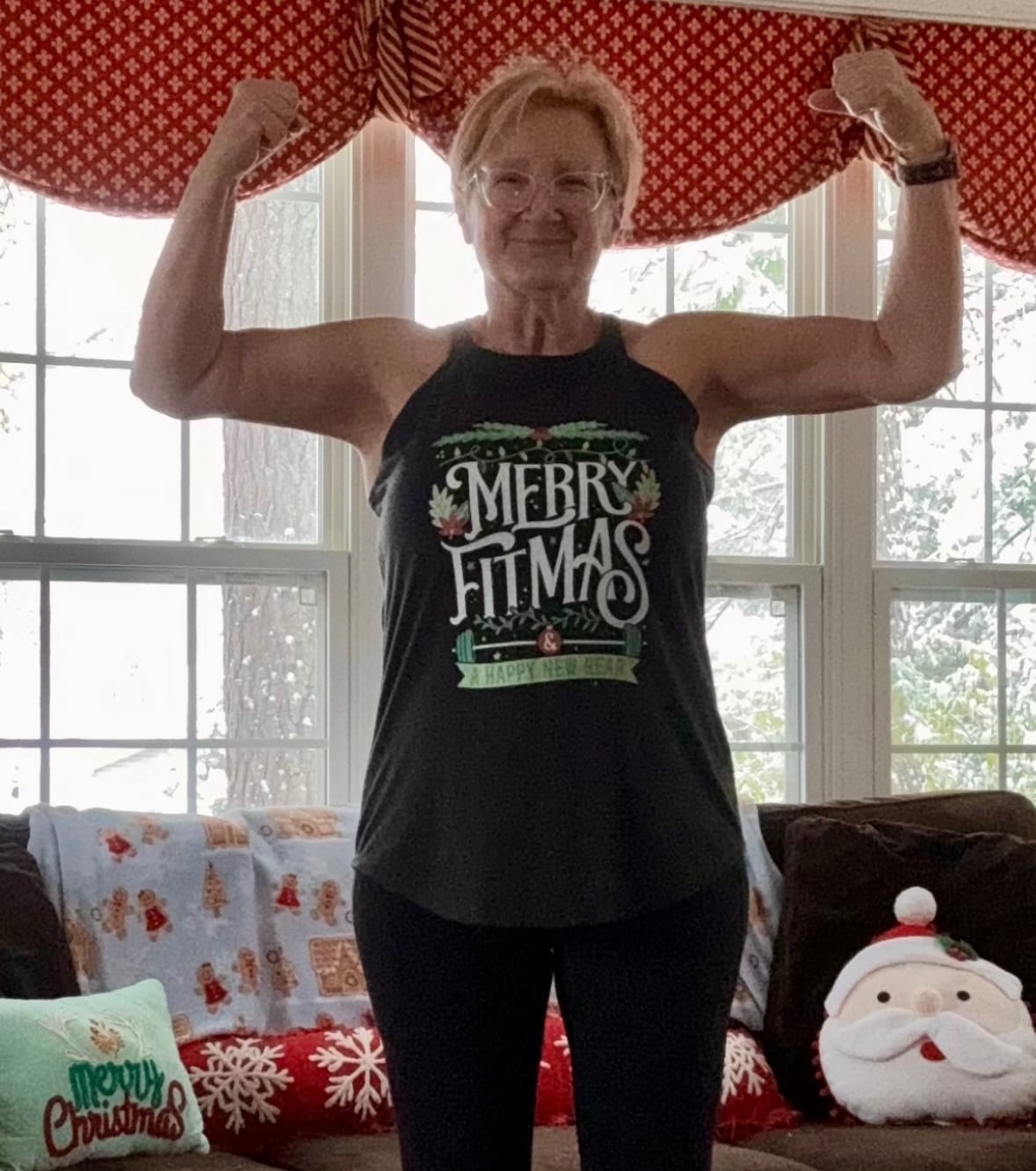 Customer photo review of Merry Fitness and Happy New Rear Rocker Tank