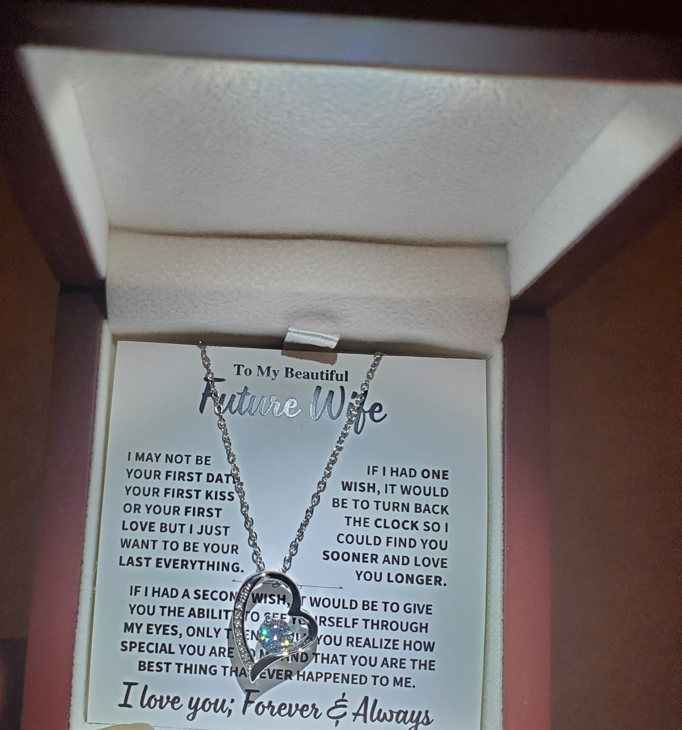Customer photo review of Future Wife Gift, "Best Thing That Ever Happened To me" Heart Necklace