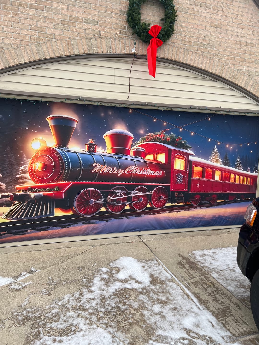 Customer photo review of Red Train of Holiday Cheer Garage Door Cover Banner Decoration - Decor Your Door