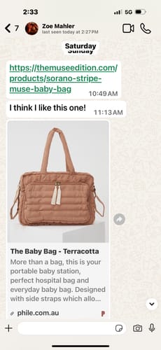 Customer photo review of The Baby Bag - Terracotta
