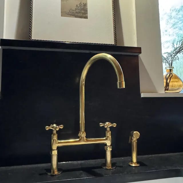 Customer photo review of Unlacquered Brass Bridge Kitchen Faucet
