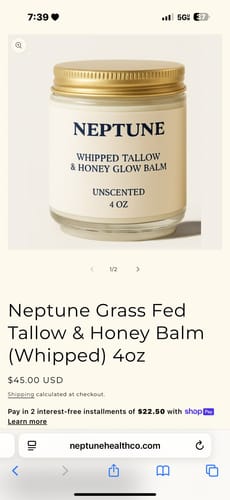 Customer screenshot of the product page for Neptune Tallow & Honey Balm, showing the advertised 4oz size.