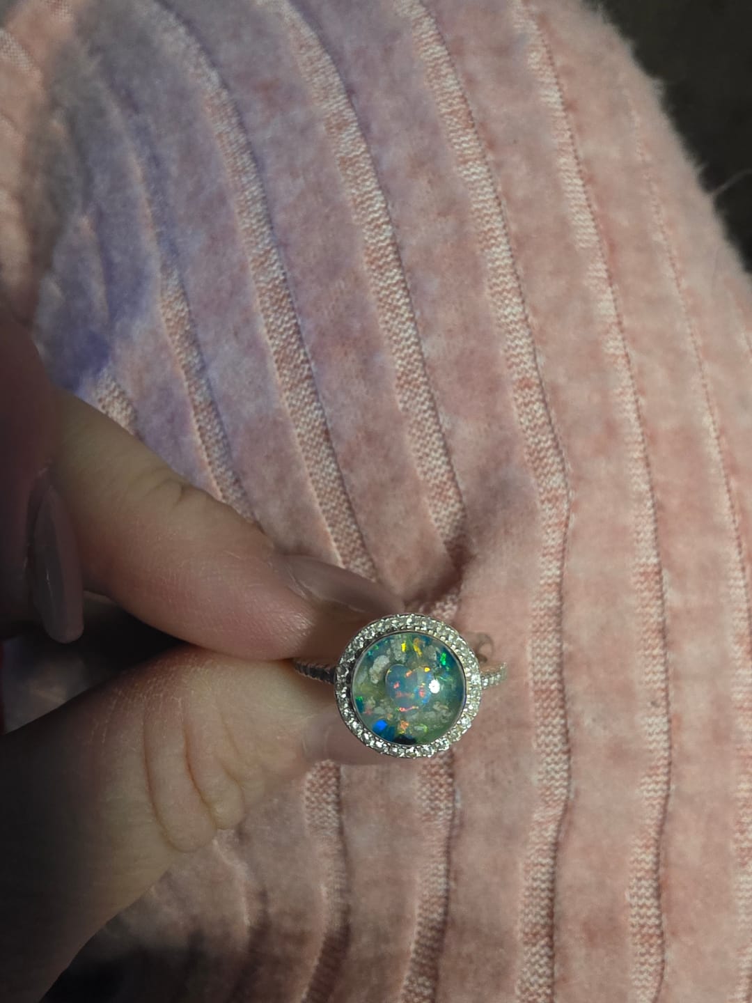Customer photo review of Bedazzled Circle with Heart Opal Cremation Ring