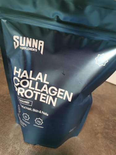 Customer's dark blue pouch of Sunna Supplements Halal Collagen Protein.