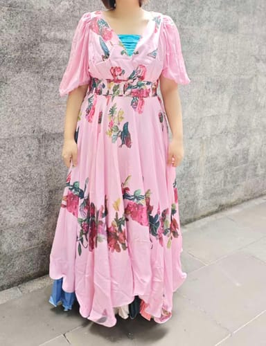 Customer photo review of Pink Print Silm Fit Chiffon Vacation Dresses Exra Large Hem Puff Sleeve