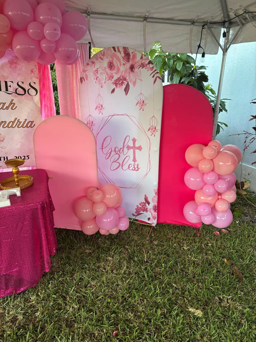 Customer photo review of Customize Baby Shower Birthday Photo Background Arch Chiara God Bless Theme Background Double Side Elastic Covers