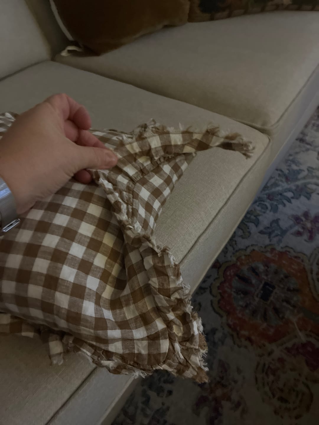 Customer photo review of Brown Gingham Linen Ruffle Cushion