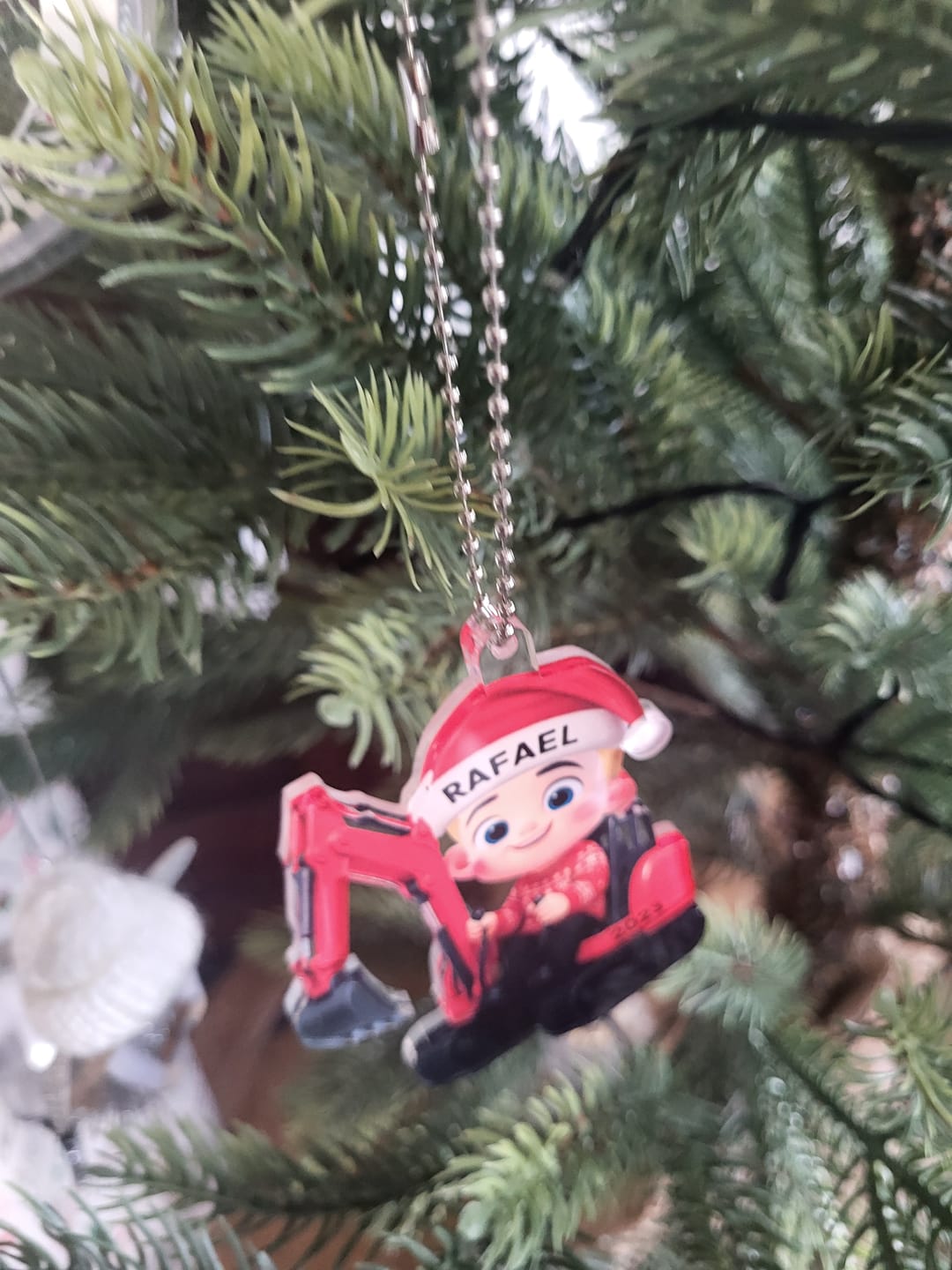 Customer photo review of 3D Effect Little Boy Kid With Car Excavator Backhoe Tractor Christmas Personalized Acrylic Ornament