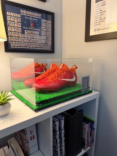 Customer photo review of Large Display Case for Small Basketball High Top Shoes, Sneakers, Lacrosse, Soccer & Football Cleats with Mirror Back No Wall Mounts